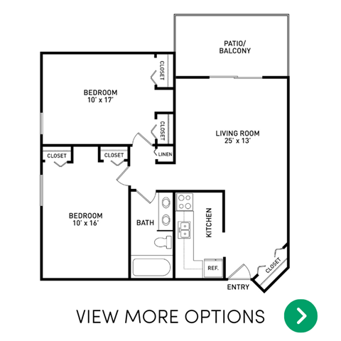 Floor plan for 2 beds, 1 bath, 859 sqft